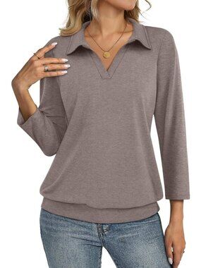 Women's Coffee Grey V Neck Banded Bottom 3/4 Sleeve Shirt Collared Casual Blouse